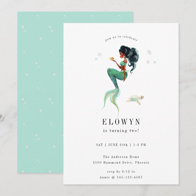 Convites Festa de aniversário de Sereia Teal (Frente/Verso)
