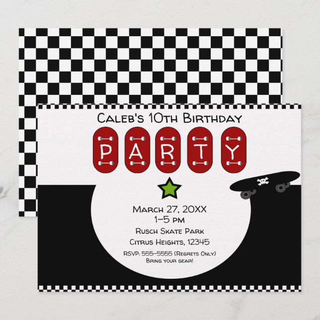 Convites Festa de Aniversário de Skate Half Pipe Skateboard (Frente/Verso)