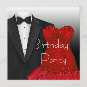 Convites Festa de Aniversário de Smoking Preto e Vestido Ve