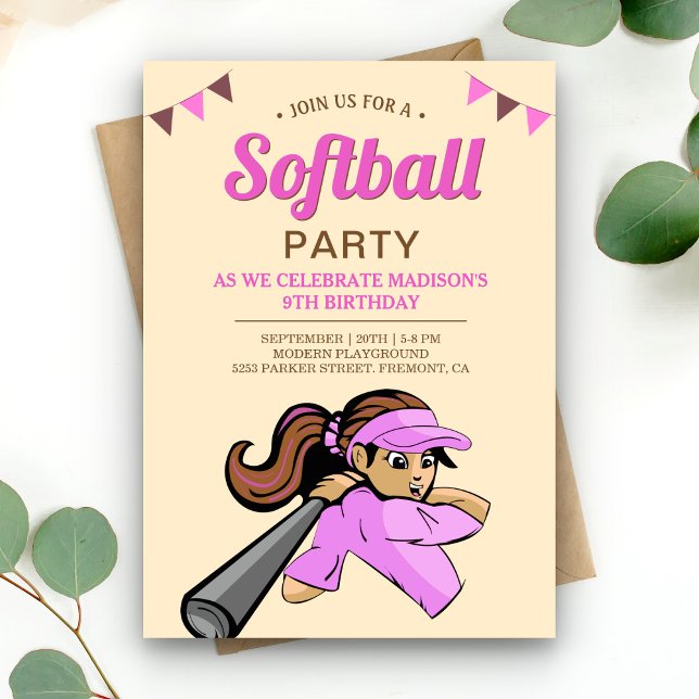 Convites Festa de Aniversário de Softbol Rosa (Criador carregado)