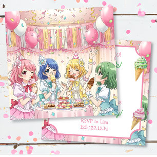 Convites Festa de Aniversário de Sorvete de Menina de Anime