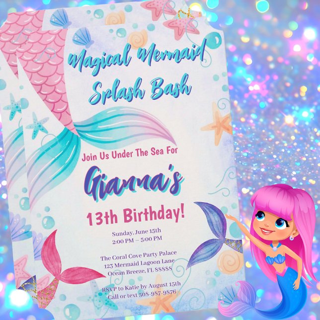 Convites Festa de aniversário de Splash da Sereia Púrpura,  (Magical Mermaid Birthday Party Invitation)