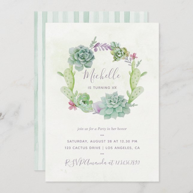 Convites Festa de aniversário de Sucultivos do Cactus Deser (Frente/Verso)