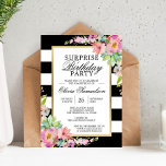 Convites Festa de aniversário de SURPRESA Floral Cor-de-Águ<br><div class="desc">Trendy e moderno convite para modelos editáveis para a SURPRISE Festa de aniversário para meninas/mulheres em listras brancas e pretas. Moldura de ouro fino com aquarela floral; cor-de-rosa, rosa, lavanda, suculentos... . Todo o texto pode ser editado e alterado; fonte, cor e tamanho. Entre em contato com o designer para...</div>