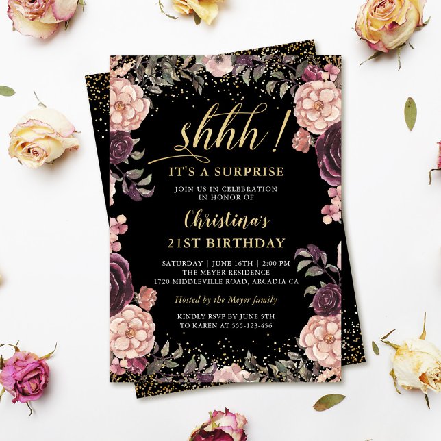 Convites Festa de aniversário de Surpresa Rosa Floral Rosa  (Criador carregado)