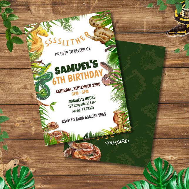 Convites Festa de aniversário de Tema cobras (Snake Birthday Invitation for Kids | Reptile Party Printable | Editable Jungle Theme Invite)