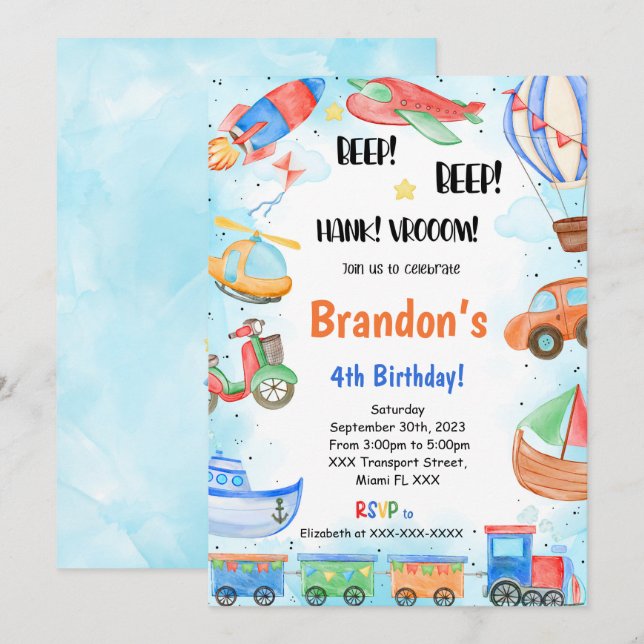 Convites Festa de aniversário de Transporte Editável (Frente/Verso)