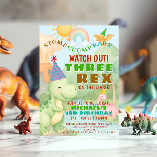 Convites Festa de Aniversário de Três Rex com Tema de Dinos