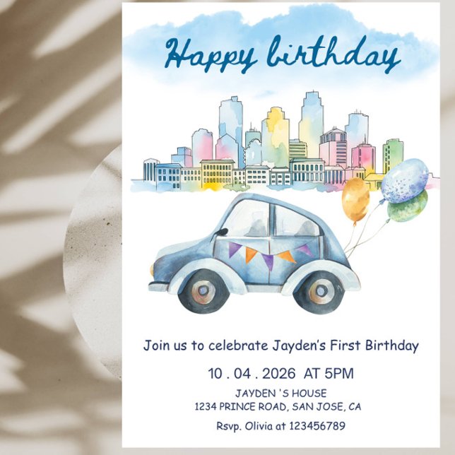 Convites Festa de Aniversário de Um Ano com Carro Fofo e Ba (Criador carregado)