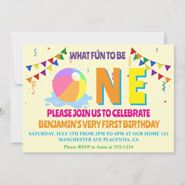 Convites Festa de Aniversário de Um Ano com Piscina Minimal (Frente)
