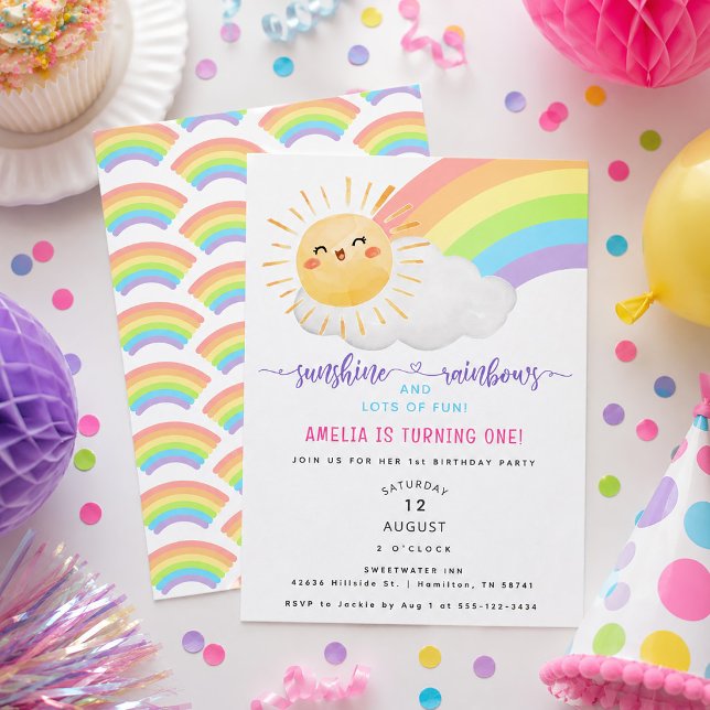 Convites Festa de Aniversário de Um Ano com Sol e Arco-íris (Sunshine and Rainbows First Birthday Party Invitation)