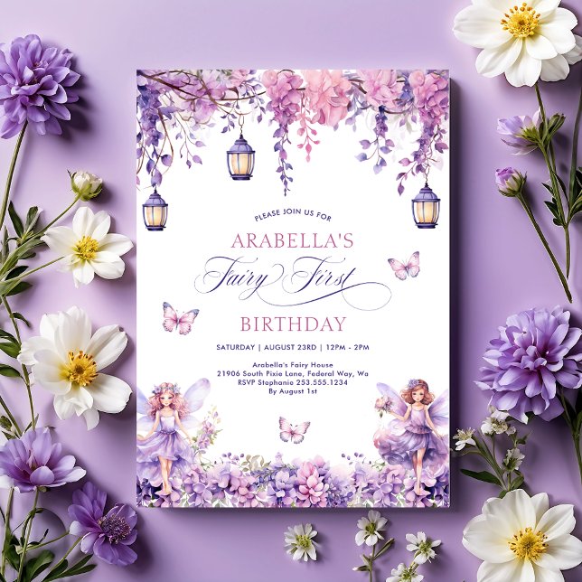 Convites Festa de Aniversário de Um Ano da Fada Roxa Capric (Lilac Floral Fairy First 1st Birthday Party Invitation)