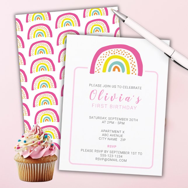 Convites Festa de Aniversário de Um Ano das Meninas Arco-Ír (Colorful Rainbow Girls Birthday party invitation with rainbow pattern to reverse. )