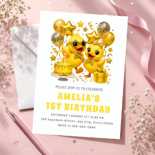 Convites Festa de Aniversário de Um Ano de Luxo Amarelo