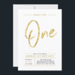 Convites Festa de Aniversário de Um Ano | Gold | Lettering<br><div class="desc">Celebre seu dia especial com este convite de festa de aniversário moderno e elegante. Este design apresenta um "Um" em letra de pincel com um layout limpo no tema de cores dourado e branco. Mais designs e suprimentos para festas estão disponíveis na minha loja BaraBomDesign.</div>