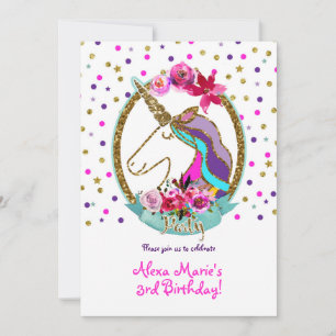 Convites Festa de Aniversário de Unicórnio com Pontos de Pu