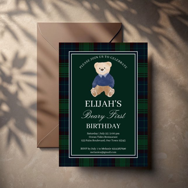 Convites Festa de aniversário de ursinho de xadrez verde (Green plaid polo teddy bear birthday party invitation cards template cute teddy elegant invites)