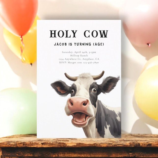 Convites Festa de aniversário de vaca sagrada (holy cow cute simple birthday invitation featuring a fun  watercolor cow looking shocked )