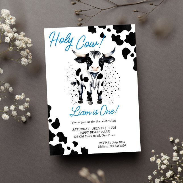 Convites Festa de aniversário de vacas negras e azuis (Holy cow birthday party template invitation instant download cute baby bull first birthday black)