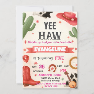 Convites Festa de aniversário de vaqueira digital rosa-rosa