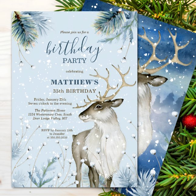 Convites Festa de aniversário de veados da Woodland Winter (Winter wonderland deer birthday party invitation front and back view.)