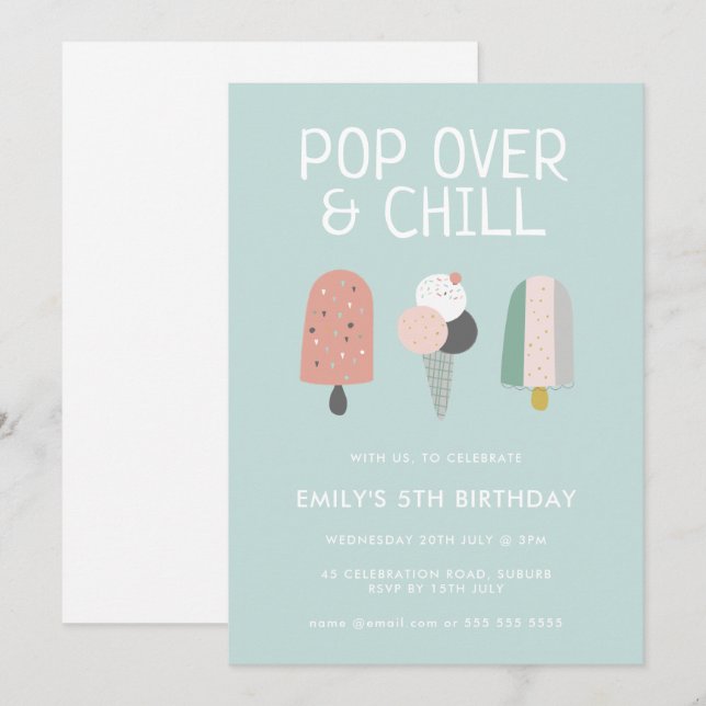 Convites Festa de Aniversário de Verão com Popsicle e Relax (Frente/Verso)