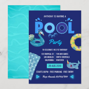 Convites Festa de Aniversário de Verão na Piscina Azul Real