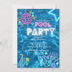 Convites Festa de Aniversário de Verão Neon na Piscina