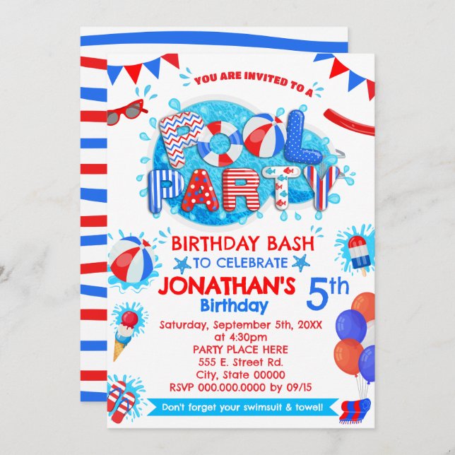 Convites Festa de aniversário de Verão piscina Vermelha Azu (Frente/Verso)
