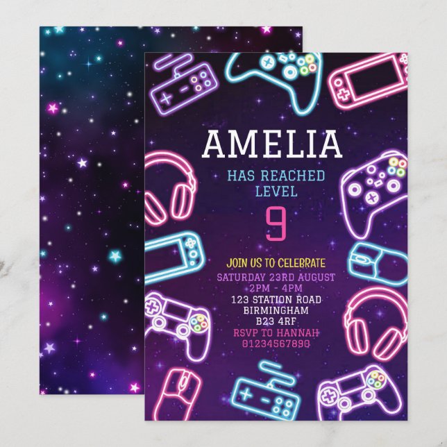 Convites Festa de aniversário de videogame (Frente/Verso)