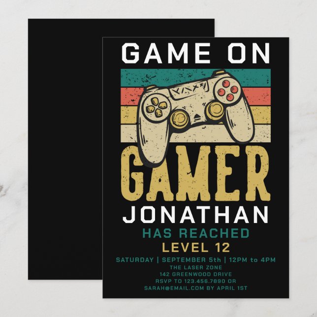 Convites Festa de Aniversário de Videogame Game On Level Up (Frente/Verso)