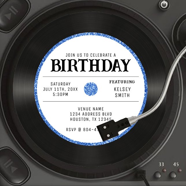 Convites Festa de aniversário de vinil com brilho azul retr (Retro Blue Glitter Vinyl Record Birthday Party Invitation
)