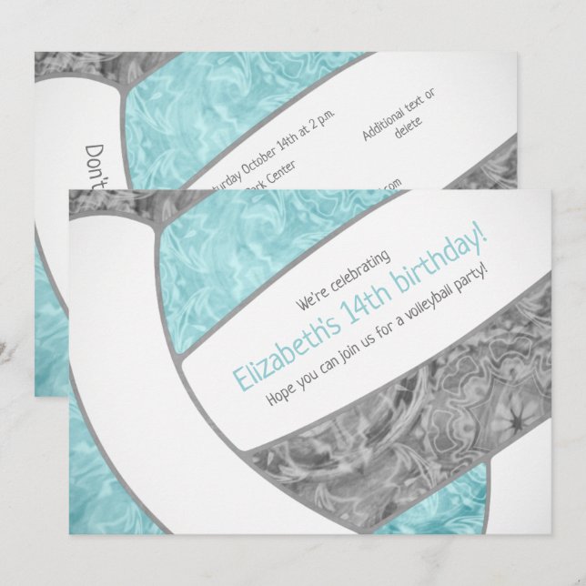 Convites festa de aniversário de vôlei de cinza aqua (Frente/Verso)