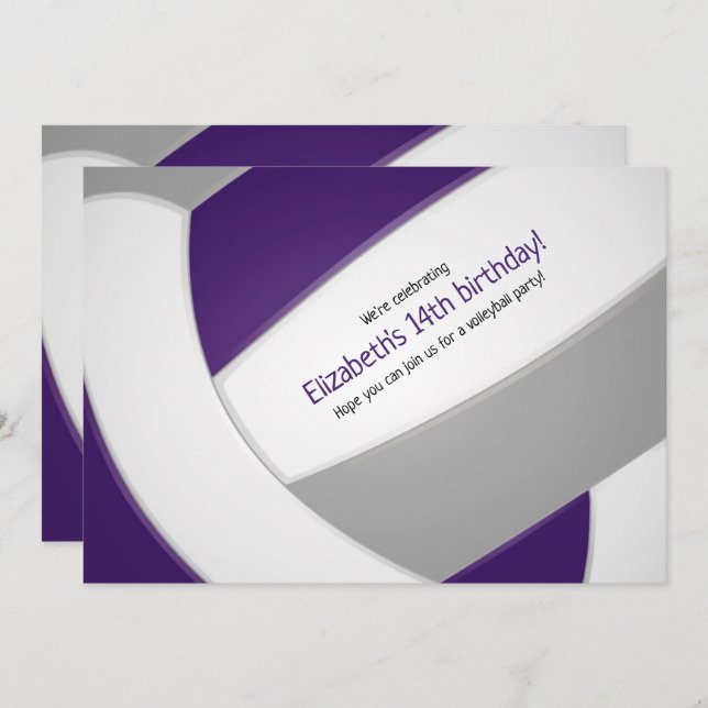 Convites festa de aniversário de vôlei de cinza roxa (Frente/Verso)