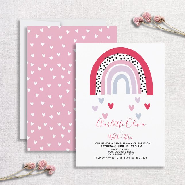 Convites Festa de aniversário de Wild & Three Pink Rainbow  (Criador carregado)