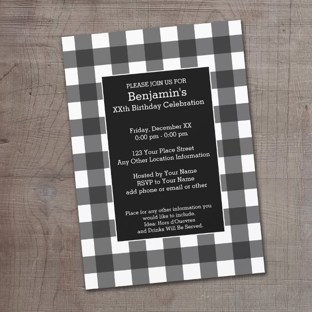 Convites Festa de aniversário de Xadrez de Búfalos Brancos  (Buffalo Plaid Birthday Party Invitation)