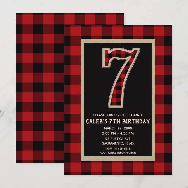 Convites Festa de aniversário de Xadrez de Buffalo Vermelho (Frente/Verso)