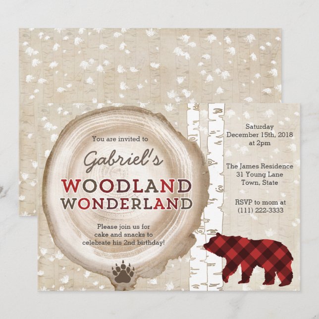 Convites Festa de aniversário de xadrez de madeira de urso- (Frente/Verso)