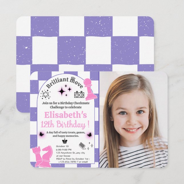 Convites Festa de aniversário De Xadrez Para Sua Rapariga F (Frente/Verso)