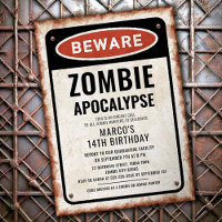 Festa de aniversário de zumbi com placa de aviso e