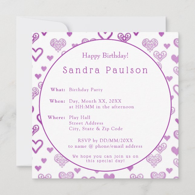 Convites Festa de aniversário Decorativa de Corações Roxos  (Frente)