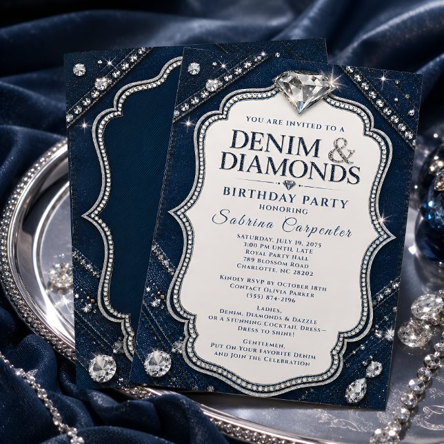 Convites Festa de Aniversário Denim & Diamonds Azul Naval (Criador carregado)