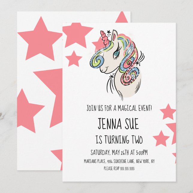 Convites Festa de Aniversário Desenhada à Mão com Estrelas  (Frente/Verso)