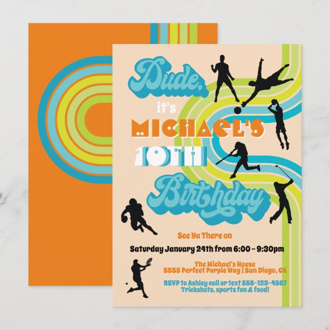 Convites Festa de aniversário desportiva do Retro Dude (Frente/Verso)