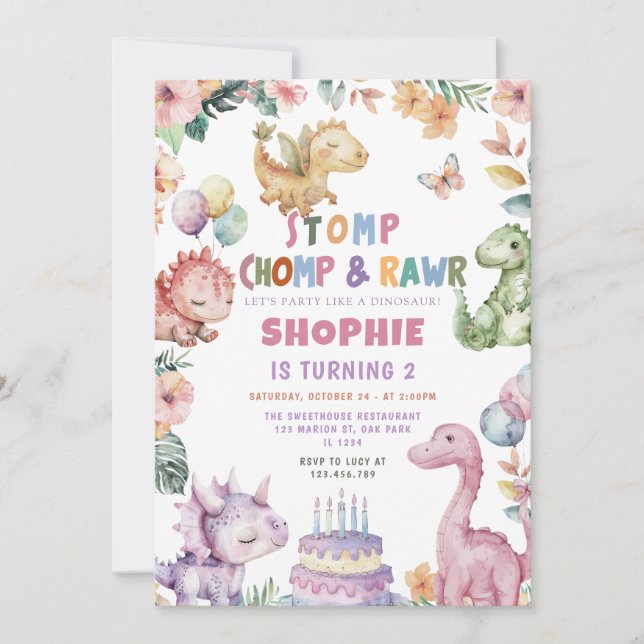 Convites Festa de aniversário Dino Dinossaur Girl (Frente)