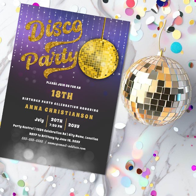 Convites Festa de Aniversário Disco Dourada (Gold glitter-look disco party invitation. )