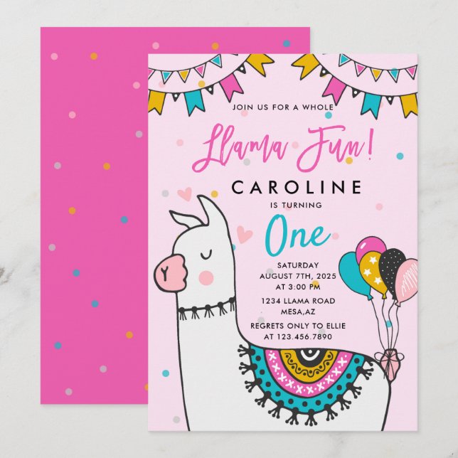 Convites Festa de aniversário Diversão Llama (Frente/Verso)