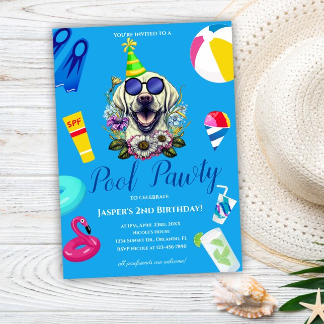 Convites Festa de Aniversário Divertida do Cachorro na Pisc (Funny Dog Pool Party Birthday Invitation)
