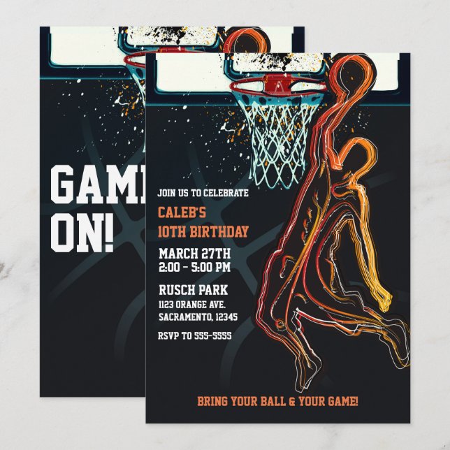 Convites Festa de Aniversário do Arremesso de Basquete (Frente/Verso)
