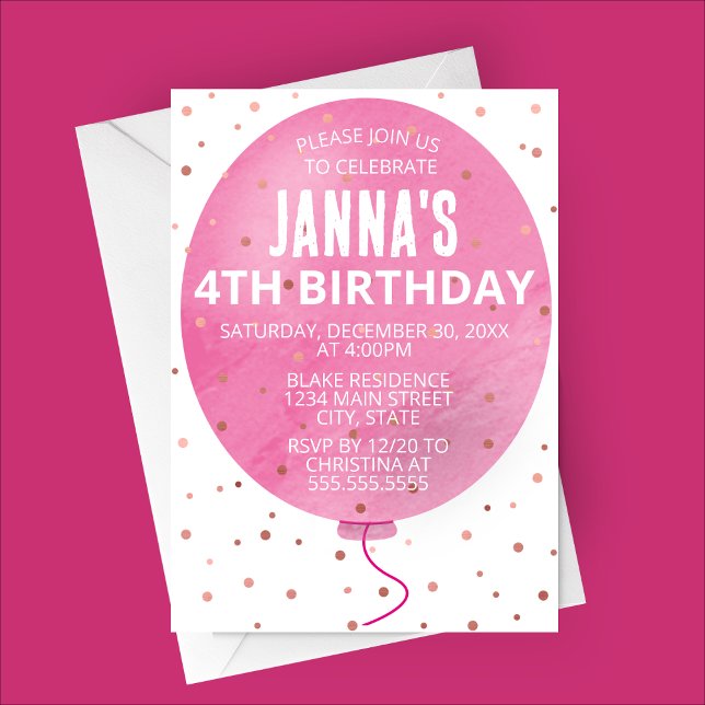 Convites Festa de aniversário do Balão de Cores d'Água Rosa (Pink Watercolor Balloon Party Invitation)